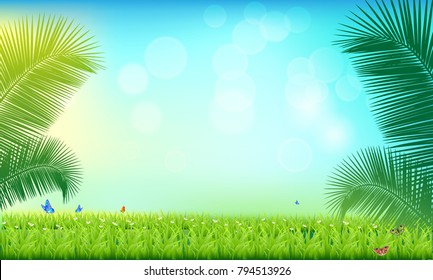 Bright tropical background with grass plants. Exotic pattern with tropical grass and palms. Vector illustration.