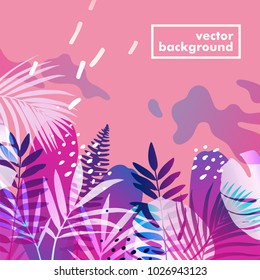 Bright tropical background with jungle plants. Exotic pattern with palm leaves and memphis elements. Vector illustration.