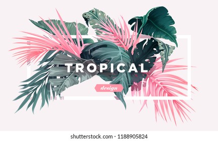 Bright tropical background with jungle plants. Exotic pattern with palm leaves. Vector illustration