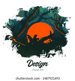 Bright tropical background with jungle plants. Print on T-shirts, sweatshirts, cases for mobile phones, souvenirs. Vector illustration