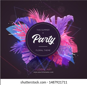 Bright tropical background with jungle plants. Exotic pattern with palm leaves. Vector illustration