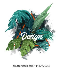 Bright tropical background with jungle plants. Exotic layout with palm leaves. Vector illustration