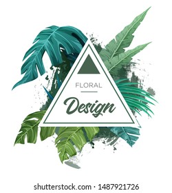 Bright tropical background with jungle plants. Exotic layout with palm leaves. Vector illustration