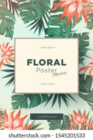 Bright tropical background with jungle plants. Exotic pattern with tropical leaves