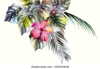 Bright tropical background with jungle plants. Vector exotic pattern with palm leaves.	