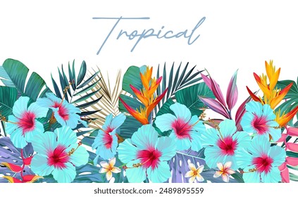 Bright tropical background with jungle plants. Vector exotic pattern with palm leaves and orchids.