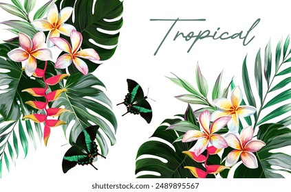 Bright tropical background with jungle plants. Vector exotic pattern with palm leaves and orchids.