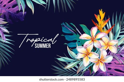 Bright tropical background with jungle plants. Vector exotic pattern with palm leaves and orchids.