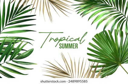 Bright tropical background with jungle plants. Vector exotic pattern with palm leaves and orchids.