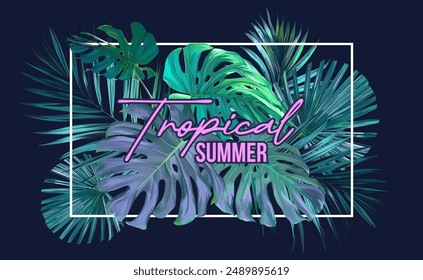 Bright tropical background with jungle plants. Vector exotic pattern with palm leaves and orchids.