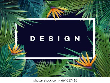 Bright Tropical Background With Jungle Plants. Vector Exotic Pattern With Palm Leaves.