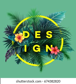 Bright tropical background with jungle plants. Exotic pattern with palm leaves. Vector illustration