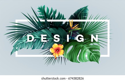 Bright tropical background with jungle plants. Exotic pattern with palm leaves. Vector illustration