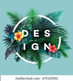 Bright Tropical Background With Jungle Plants. Exotic Pattern With Palm Leaves. Vector Illustration