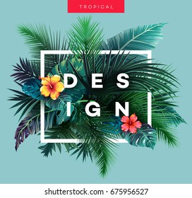 Bright tropical background with jungle plants. Exotic pattern with palm leaves. Vector illustration