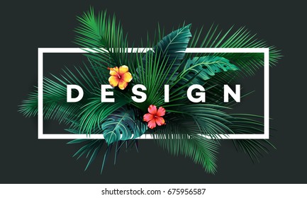 Bright tropical background with jungle plants. Exotic pattern with palm leaves. Vector illustration