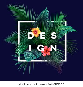 Bright tropical background with jungle plants. Exotic pattern with palm leaves. Vector illustration