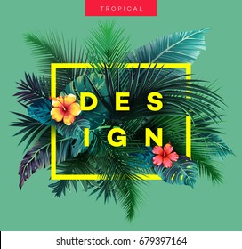 Bright tropical background with jungle plants. Exotic pattern with palm leaves. Vector illustration