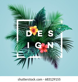 Bright tropical background with jungle plants. Exotic pattern with palm leaves. Vector illustration