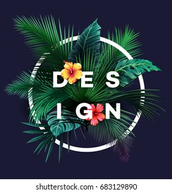 Bright tropical background with jungle plants. Exotic pattern with palm leaves. Vector illustration