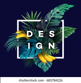 Bright tropical background with jungle plants. Exotic pattern with palm leaves. Vector illustration