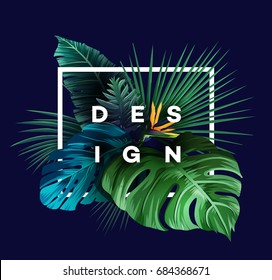 Bright tropical background with jungle plants. Exotic pattern with palm leaves. Vector illustration