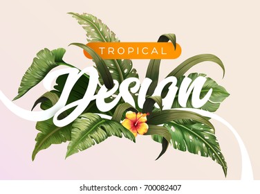 Bright tropical background with jungle plants. Exotic pattern with tropical leaves. Vector illustration