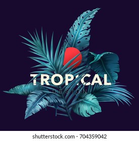 Bright tropical background with jungle plants. Exotic pattern with tropical leaves. Vector illustration