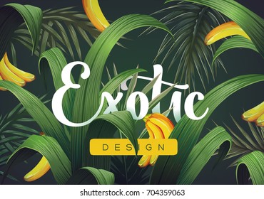 Bright tropical background with jungle plants. Exotic pattern with tropical leaves. Vector illustration