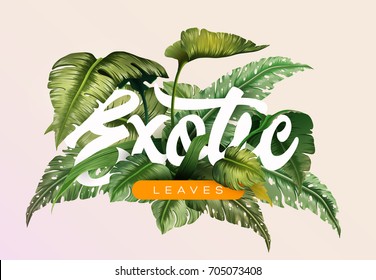 Bright tropical background with jungle plants. Exotic pattern with tropical leaves. Vector illustration