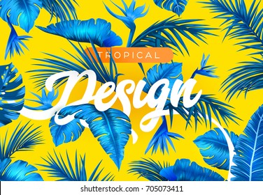 Bright tropical background with jungle plants. Exotic pattern with tropical leaves. Vector illustration