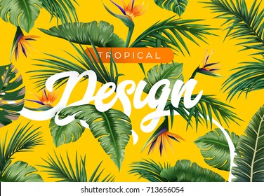 Bright tropical background with jungle plants. Exotic pattern with tropical leaves. Vector illustration