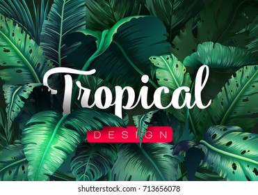 Bright tropical background with jungle plants. Exotic pattern with tropical leaves. Vector illustration
