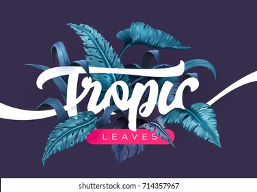 Bright tropical background with jungle plants. Exotic pattern with tropical leaves. Vector illustration