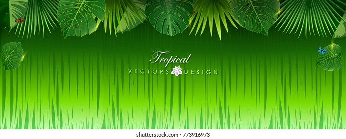 Bright tropical background with jungle plants. Exotic pattern with tropical leaves. Vector illustration