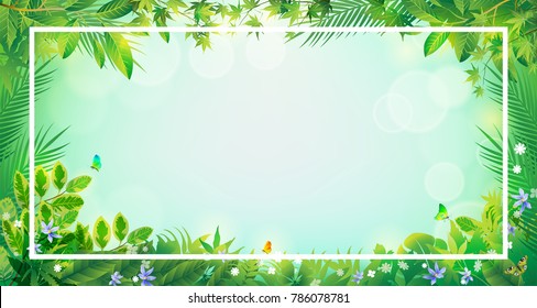 Bright tropical background with jungle plants. Exotic pattern with tropical leaves. Vector illustration.