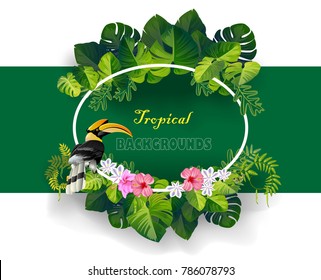 Bright tropical background with jungle plants. Exotic pattern with tropical leaves. Vector illustration.