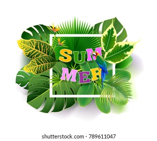 Bright tropical background with leaves bird plants. Exotic pattern with tropical grass. Vector illustration.