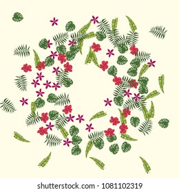 Bright tropical background from the leaves of a palm tree, monstera and hibiscus flowers. A tropical forest. Jungle. Floral background.