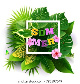 Bright tropical background with leaves  plants. Exotic pattern with tropical flower. Vector illustration.