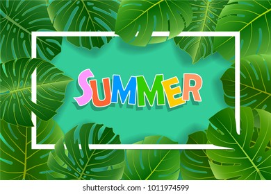 Bright tropical background with monstera leaves  plants. Exotic pattern with tropical green leaves. Vector illustration.