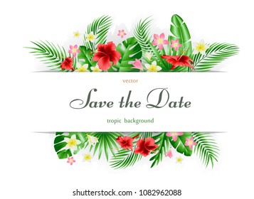 Bright tropical background with palm leaves and flowers. Typography poster design, postcards, template. Vector illustration