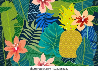 Bright tropical background with pineapple, palm and banana leaves and flowers. Seamless botanical pattern with aloha motifs. Trendy design for textile, cards and invitations.