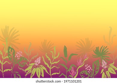 bright  tropical background.vector illustration of plants,palm leaves and flowers on the  colorful sunset