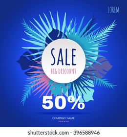 Bright tropical banner for sale with palm leaves. 50 percent of purchases. Retro style vector illustration of tropical plants. Blue and green plants