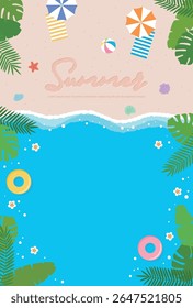 Bright tropical beach scene with colorful umbrellas, ocean waves, beach balls, and "Summer" written in sand perfect for vacation, travel, and summer party concepts.