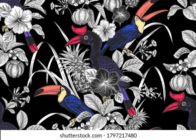 Bright tropical birds, flowers, fruits, leaves on black background. Floral seamless pattern. Exotic nature. Vector illustration. Vintage. Luxury summer design for Hawaiian shirts. Black and white