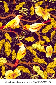 Bright tropical birds on branches with exotic flowers and leaves. Handmade drawing seamless vector pattern. All objects are isolated on separate layers. It can be used in textiles, illustrations, etc.