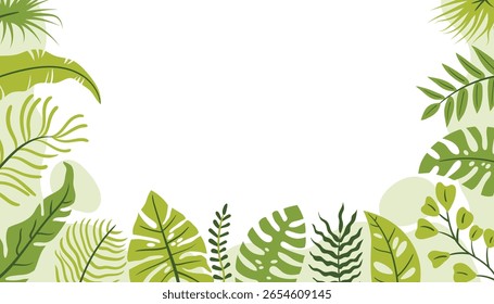Bright tropical border on a horizontal card or poster. Flat cartoon foliage and branches create a fun, exotic layout for greeting cards, invitations, or decorative templates.