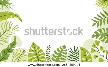 Bright tropical border on a horizontal card or poster. Flat cartoon foliage and branches create a fun, exotic layout for greeting cards, invitations, or decorative templates.